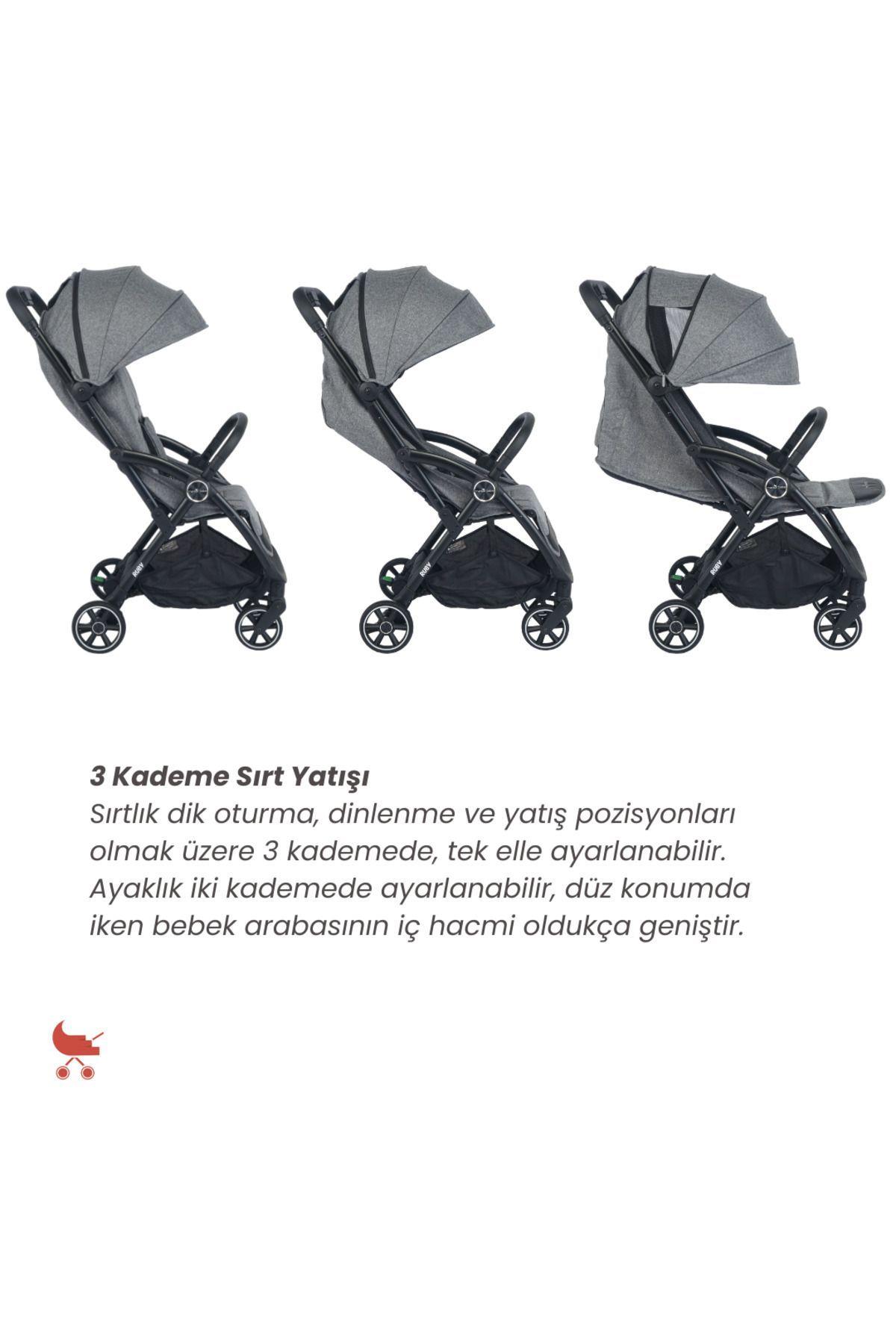 Merkür Bebe Ruby Tek Tuşla Otomatik Katlanan Kabin Boy Travel Sistem Bebek Arabası Gri