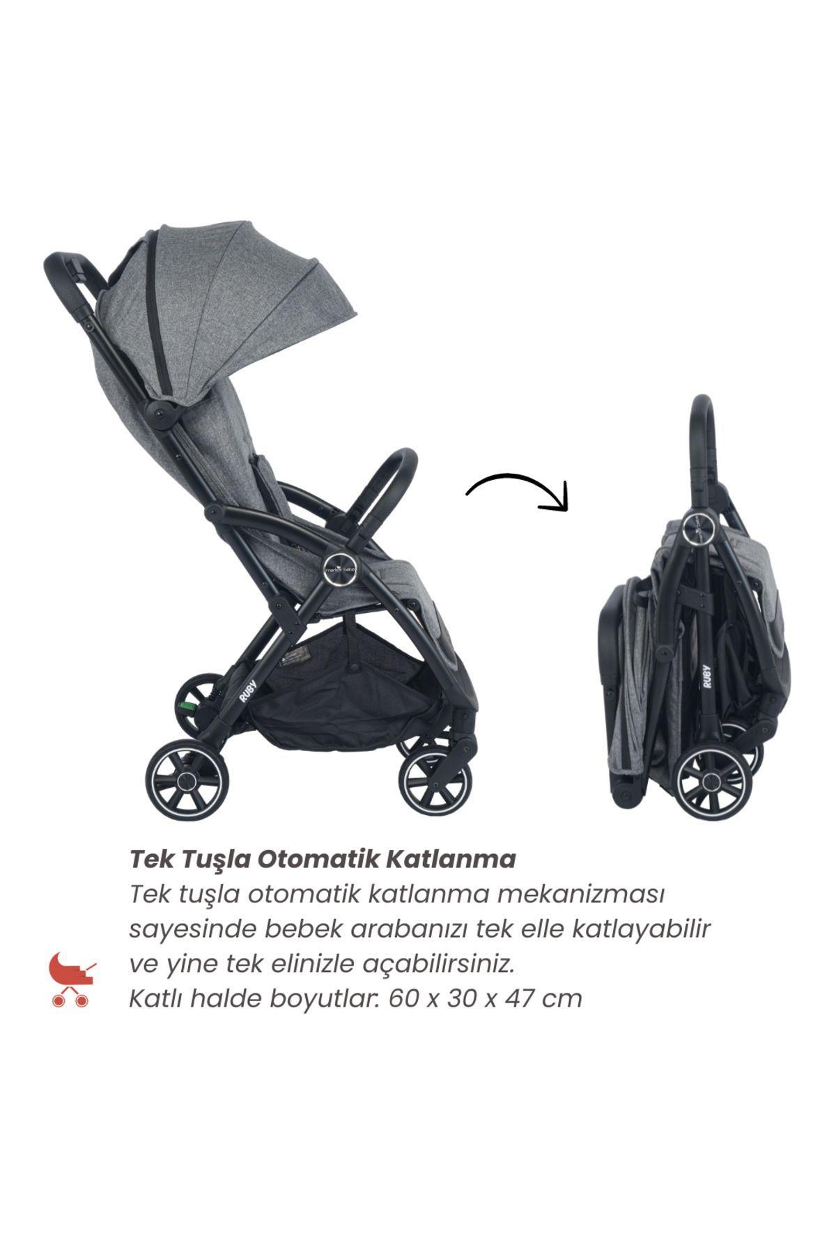 Merkür Bebe Ruby Tek Tuşla Otomatik Katlanan Kabin Boy Travel Sistem Bebek Arabası Gri