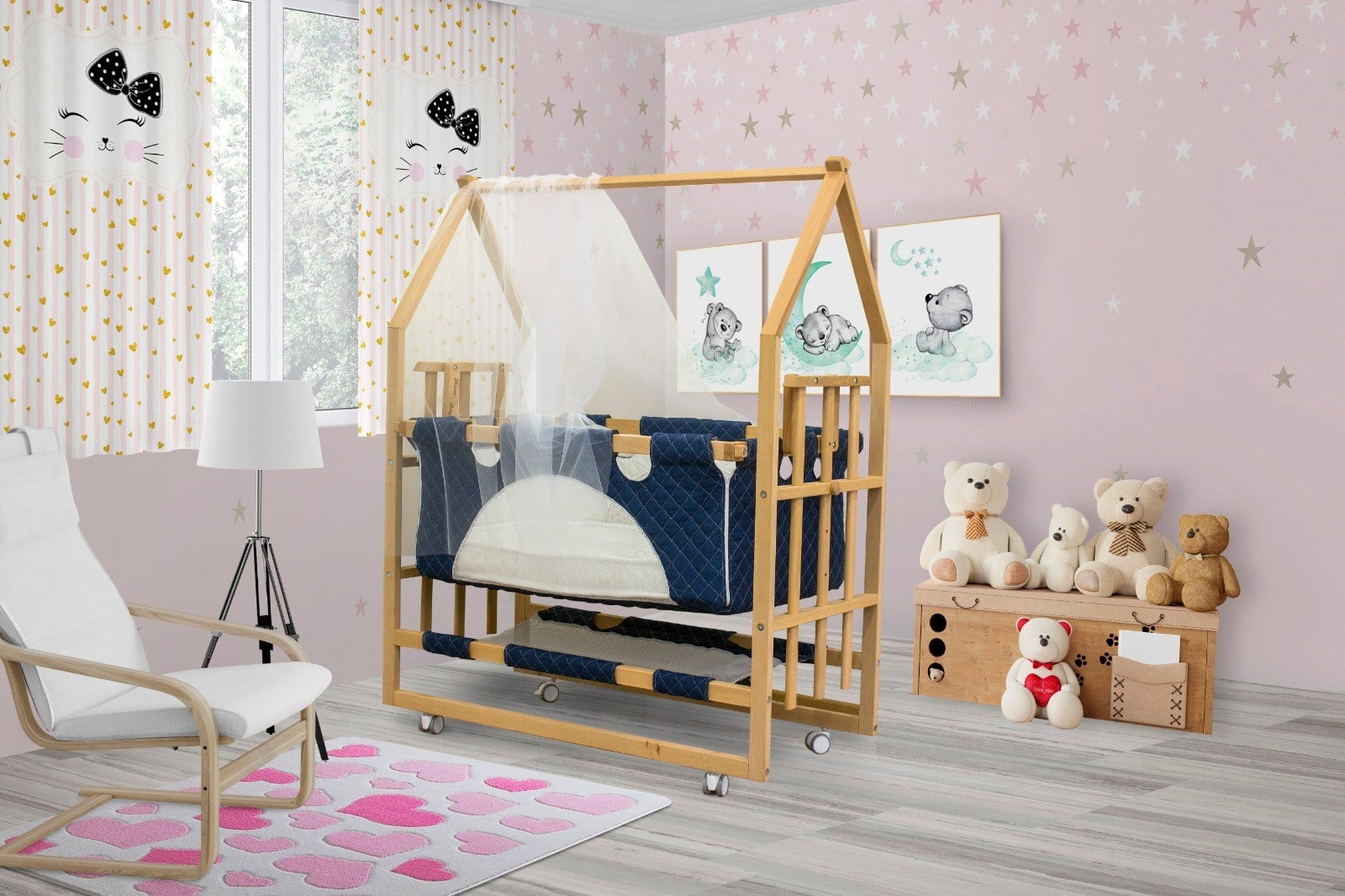 Minaco Baby Sallanabilir Kademeli Doğal Ahşap Anne Yanı Portatif Basenet Beşik Lacivert