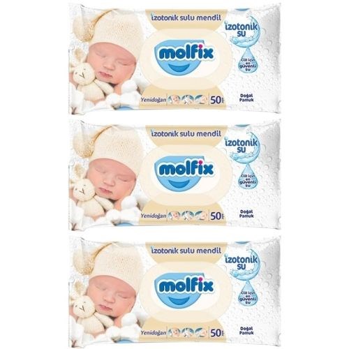 Molfix Yenidoğan İzotonik Sulu Doğal Pamuk Islak Havlu Mendil 3Lü 150 Yaprak