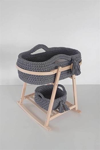 Baby Tech Naturel Izgaralı Ahşap Çemberli Beşik Standı + Örgü Sepet Koyu Gri