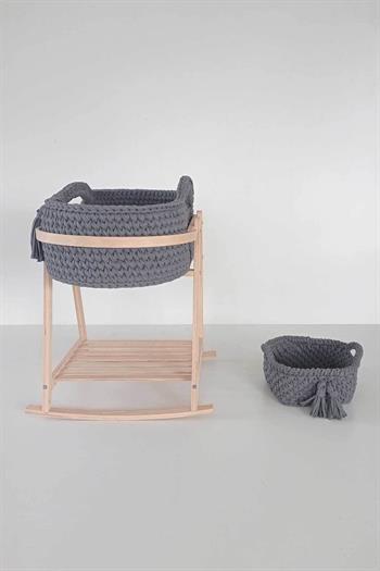 Baby Tech Naturel Izgaralı Ahşap Çemberli Beşik Standı + Örgü Sepet Koyu Gri
