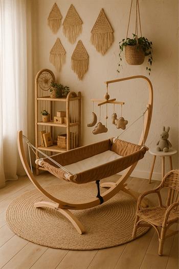 Bebekonfor Ahşap Bebek Hamağı Sallanabilir-Sabitlenebilir Oyuncaklı Kahverengi