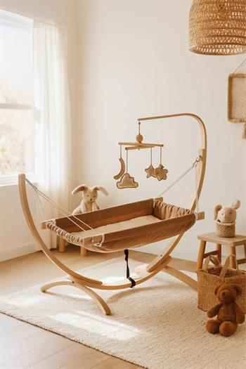 Bebekonfor Ahşap Bebek Hamağı Sallanabilir-Sabitlenebilir Oyuncaklı Kahverengi