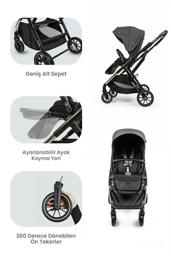 KANZ Thunder Kolay Katlanabilen Travel Sistem Bebek Arabası Sharkgrey