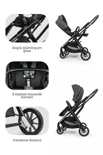KANZ Thunder Kolay Katlanabilen Travel Sistem Bebek Arabası Sharkgrey