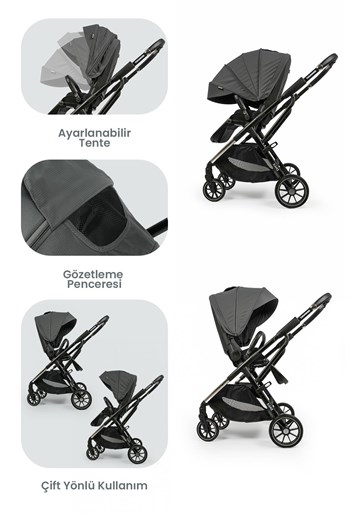 KANZ Thunder Kolay Katlanabilen Travel Sistem Bebek Arabası Sharkgrey