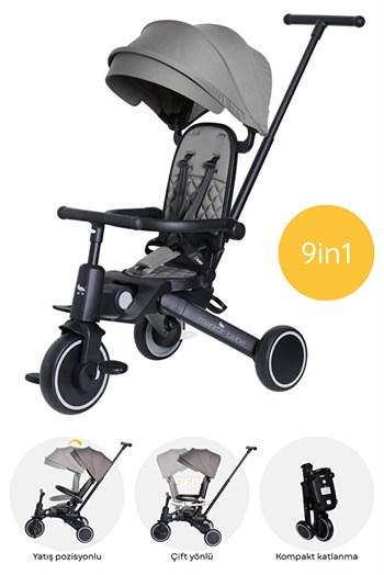 Merkür Bebe 9in1 Hawk Çift Yönlü Katlanabilir Yatabilir Ayak Destekli Üç Tekerlekli Bebek ve Çocuk Bisikleti Gri