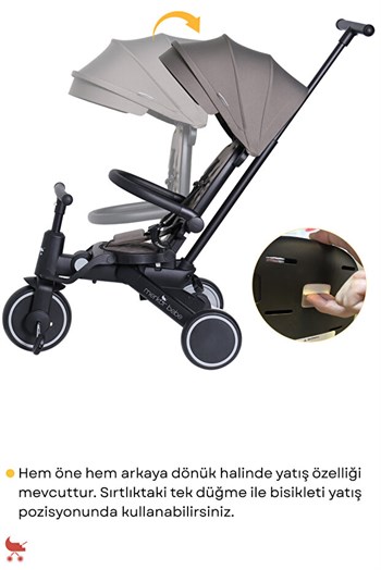 Merkür Bebe 9in1 Hawk Çift Yönlü Katlanabilir Yatabilir Ayak Destekli Üç Tekerlekli Bebek ve Çocuk Bisikleti Siyah