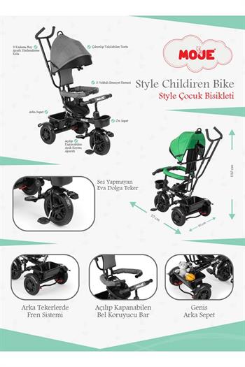 Moje Style Ebeveyn Kontrollü Tenteli Üç Tekerli İtmeli Bisiklet Pembe