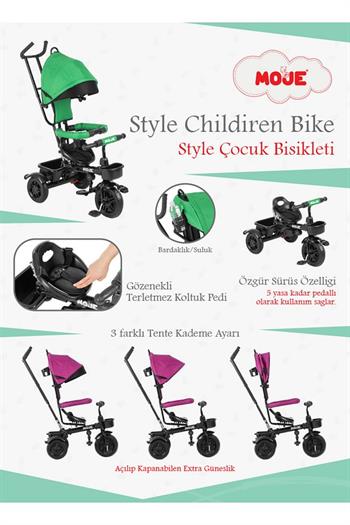 Moje Style Ebeveyn Kontrollü Tenteli Üç Tekerli İtmeli Bisiklet Gri