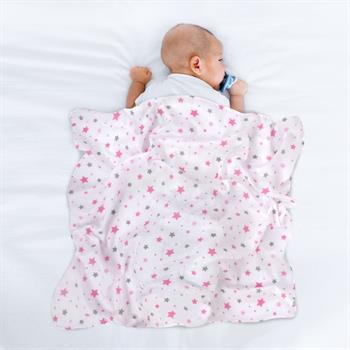 Sevi Bebe Desenli Müslin Battaniye 120X100 Cm - Yıldız Yağmuru Pembe 319-140-2