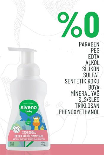 Siveno %100 Doğal Bebek Köpük Şampuanı Yenidoğan Saç ve Vücut Nemlendirici Bitkisel Vegan 250 ml