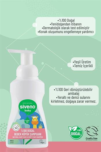 Siveno %100 Doğal Bebek Köpük Şampuanı Yenidoğan Saç ve Vücut Nemlendirici Bitkisel Vegan 250 ml