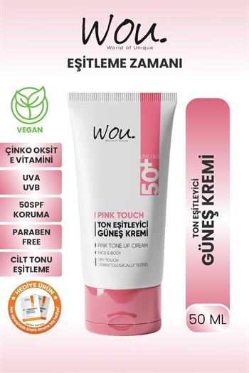 Wou World of Unique Pink Touch Ton Eşitleyici ve Aydınlatıcı Yüksek Koruma Etkili SPF50+ Güneş kremi 50ml Tüm Ciltler İçin