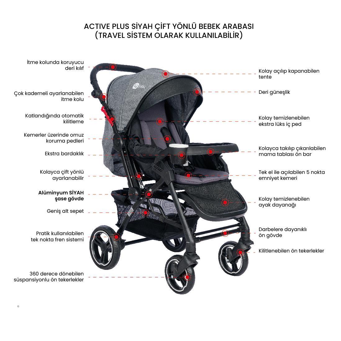 4 Baby AB-351 Active Plus Black Çift Yönlü Bebek Arabası Gri