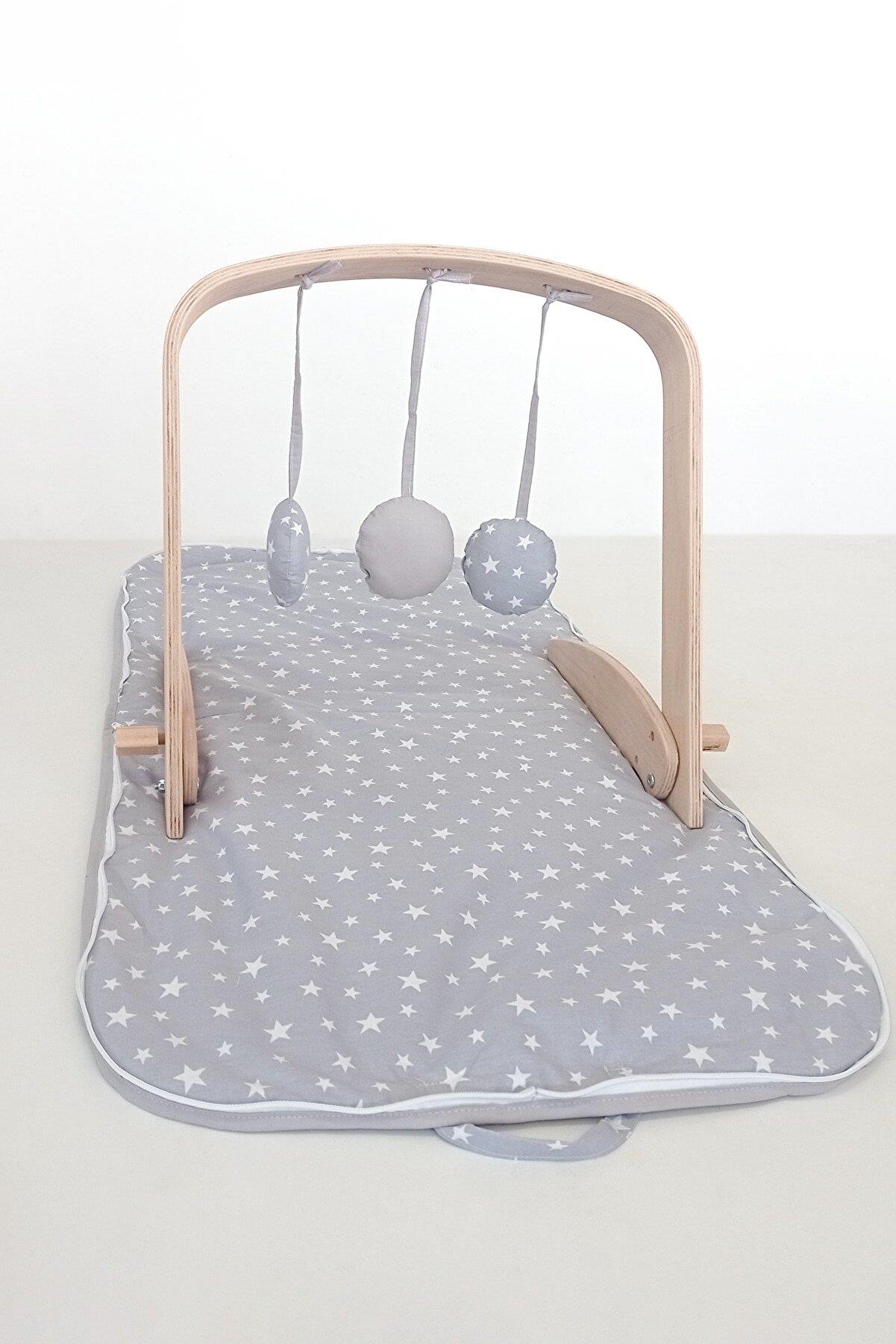 Baby Tech Minderli Ahşap Oyun Barı - Kumaş Oyuncaklı - Gri Yıldızlı