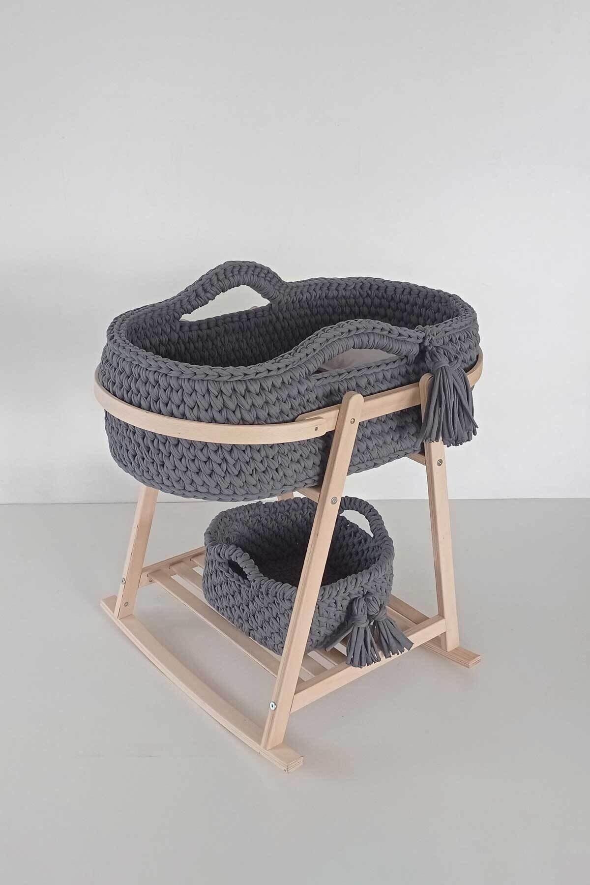 Baby Tech Naturel Izgaralı Ahşap Çemberli Beşik Standı + Örgü Sepet Koyu Gri