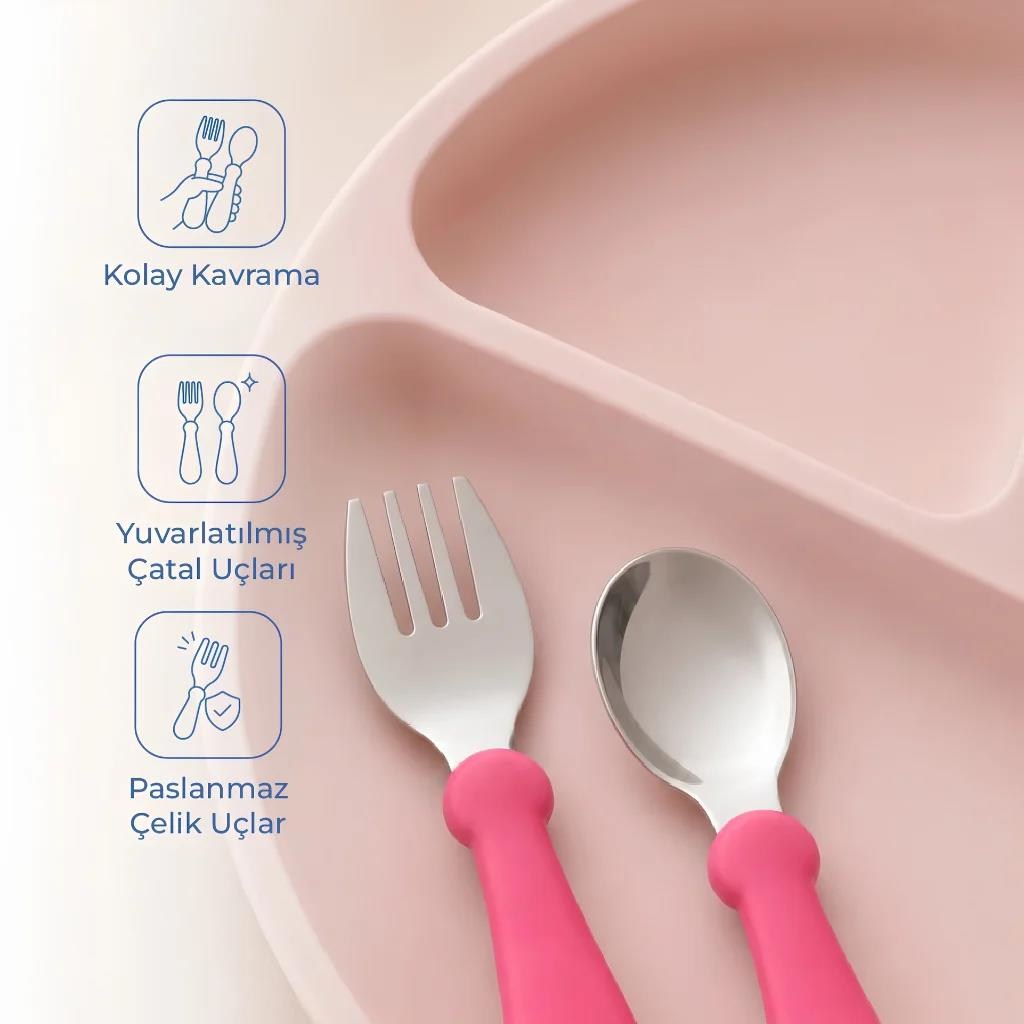 Babyjem 522 Paslanmaz Çelik Çatal Kaşık Seti Soft Pembe
