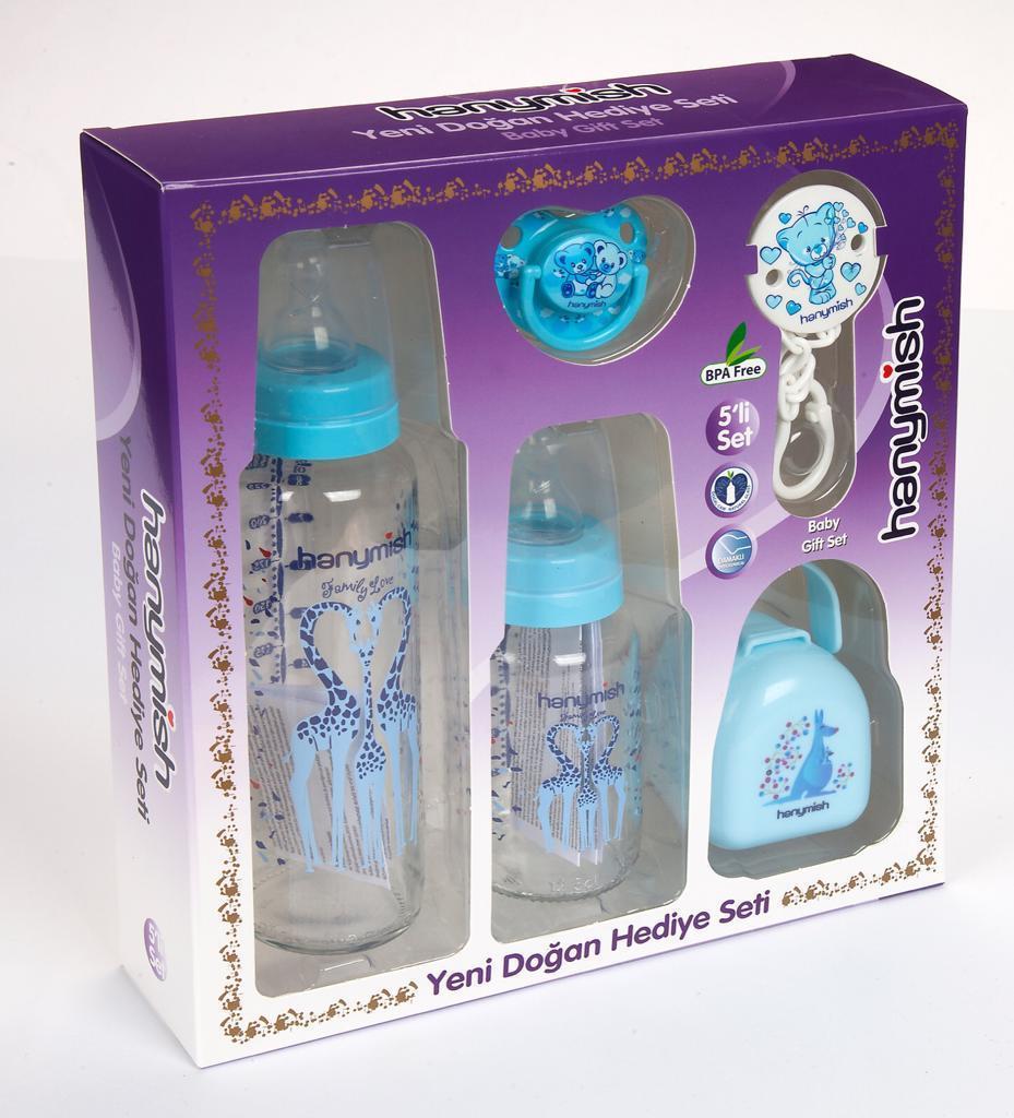 Hanymish 5'li Cam Biberon Ve Emzik Seti - Yeni Doğan Hediye Seti Mavi