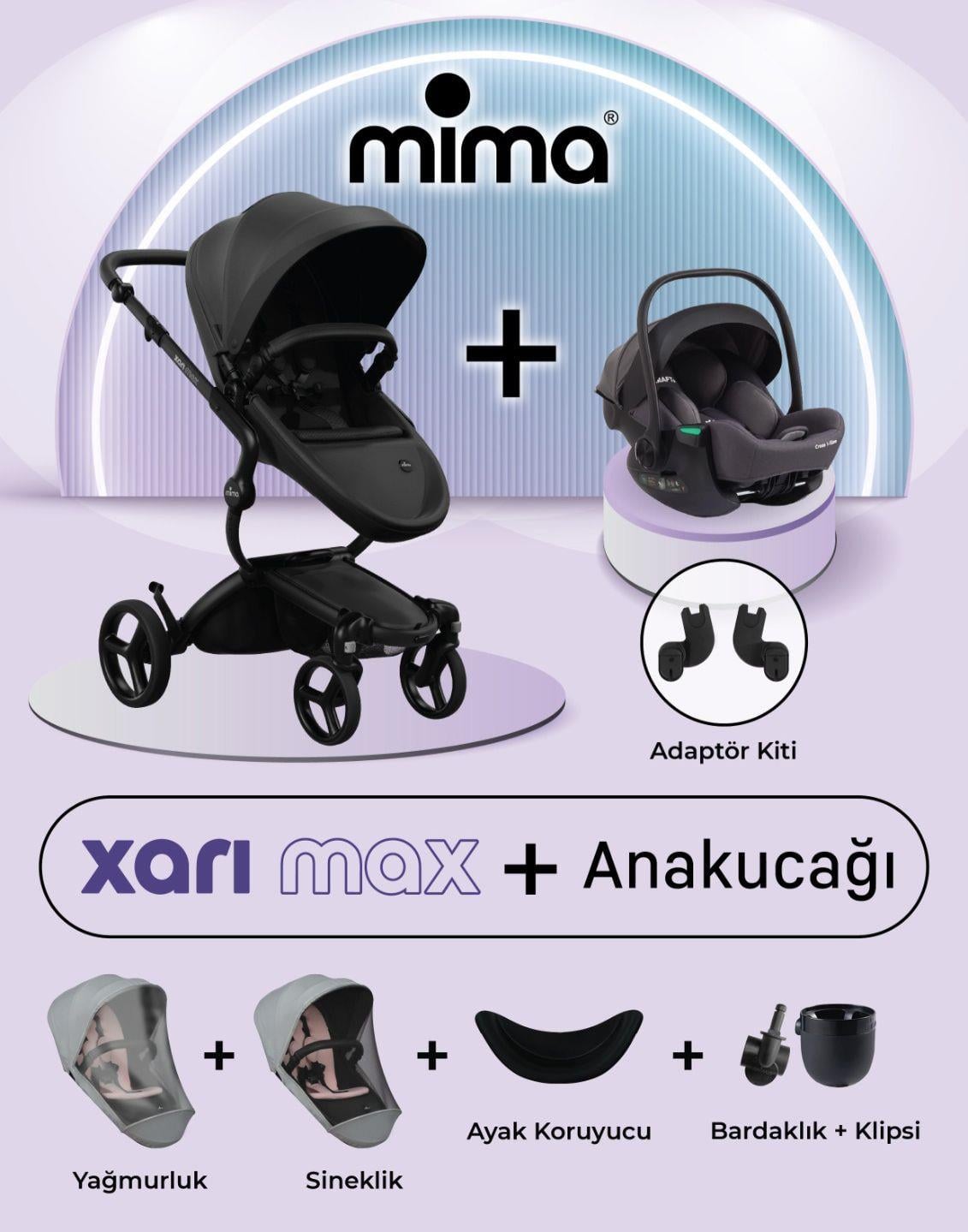 Mima Xari Max Travel Sistem Bebek Arabası Full Black ( Araba + Adaptör + Ana Kucağı + Yağmurluk + Sineklik + Bardaklık Set + Ayak Koruma )