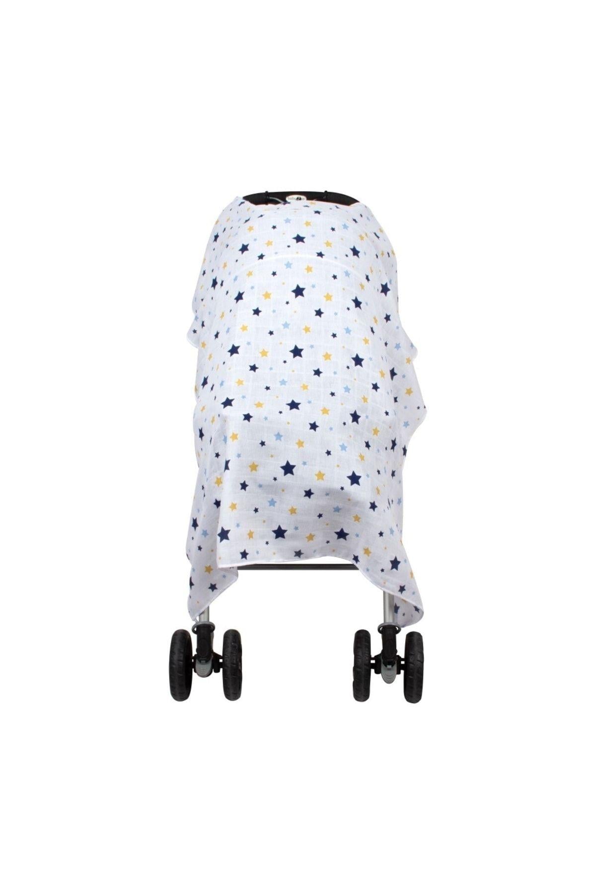 Sevi Bebe Müslin Bebek Arabası Örtüsü - Yıldız Yağmuru Mavi 42-140-1