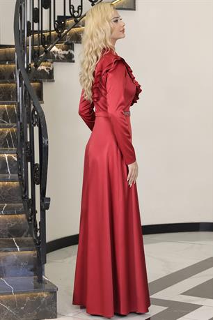 Ada Saten Taşlı Tesettür Abiye Bordo