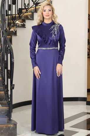 Ada Saten Taşlı Tesettür Abiye Lacivert