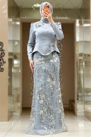 Adelya Tesettür Abiye Gri