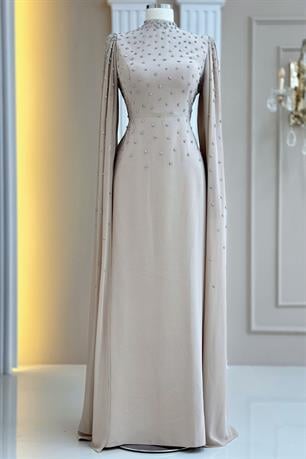 Afra Pelerinli Tesettür Abiye Bej