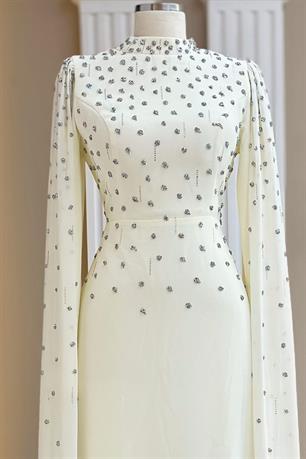 Afra Pelerinli Tesettür Abiye Ekru