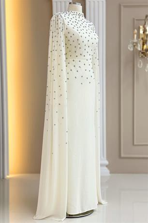 Afra Pelerinli Tesettür Abiye Ekru