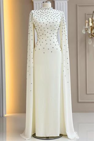 Afra Pelerinli Tesettür Abiye Ekru