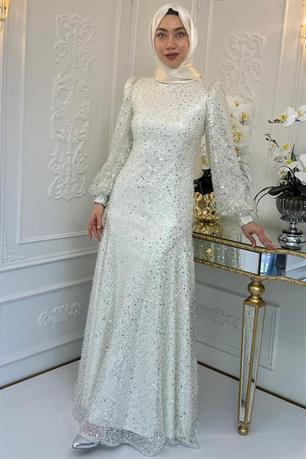 Ahu Tesettür Abiye Ekru