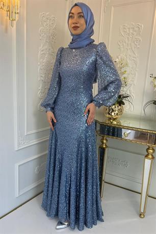 Ahu Tesettür Abiye İndigo