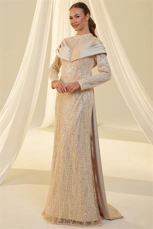 Anka Tesettür Abiye Krem