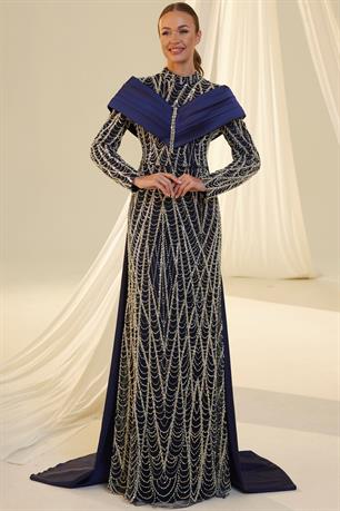 Anka Tesettür Abiye Lacivert Gümüş