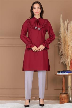 Asel Tunik Pantolon İkili Tesettür Takım Bordo