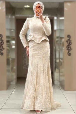 Aya Tesettür Abiye Bej