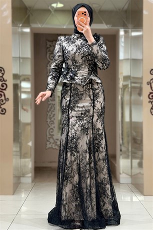 Aya Tesettür Abiye Siyah Ekru