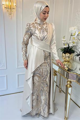 Aybüke Tesettür Abiye Krem