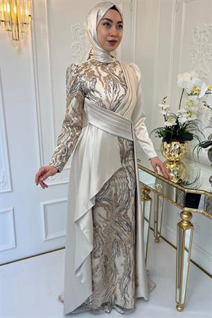 Aybüke Tesettür Abiye Krem