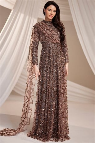 Azize Tesettür Abiye Kahverengi