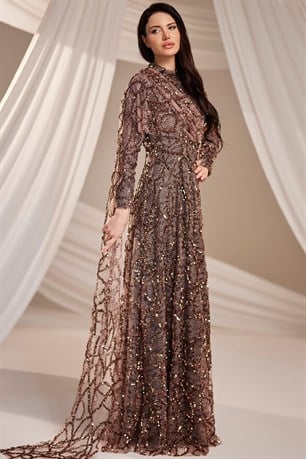 Azize Tesettür Abiye Kahverengi