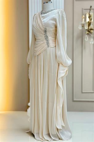 Bade Tesettür Abiye Krem