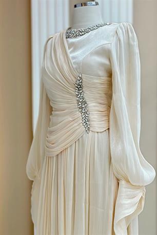 Bade Tesettür Abiye Krem