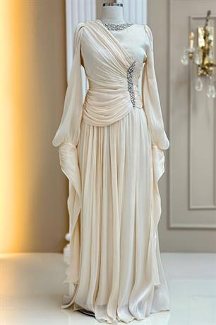 Bade Tesettür Abiye Krem