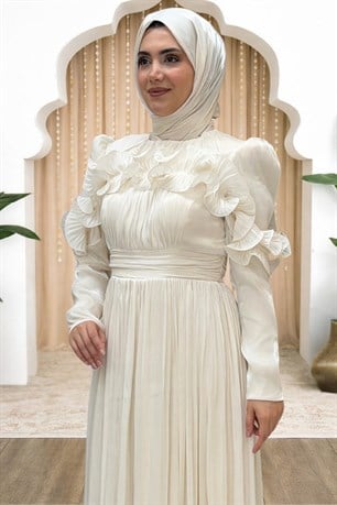 Beliz Tesettür Abiye Krem