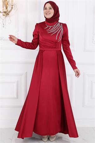 Berceste Saten Tesettür Abiye Bordo
