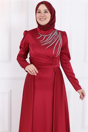 Berceste Saten Tesettür Abiye Bordo